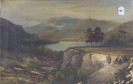 Attributed to Robert Thornton Widings, oil on canvas, travellers beside a lake, 55 x 86cm, unframed